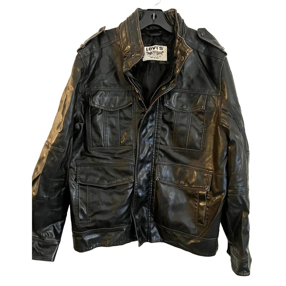 Levi’s Brown Faux Leather Hooded Biker Jacket Men’s Size L Motorcycle Style - Picture 1 of 12